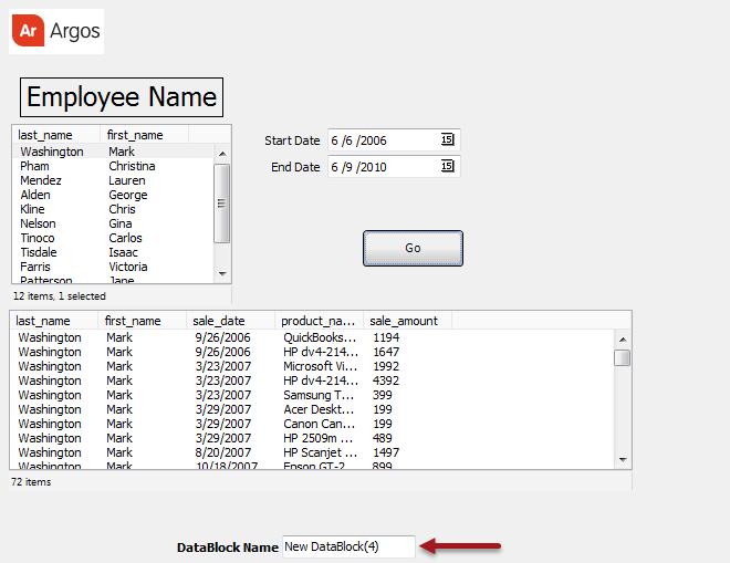 This image shows the report results containing the DataBlock name within the Data Aware object.